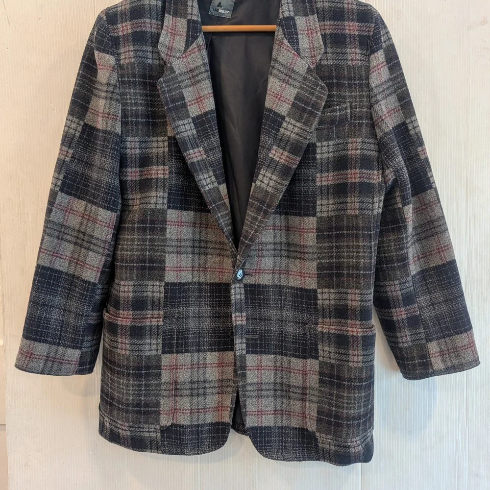 LIZ WEAR Navy & Gray Plaid Wool Blend Blazer Jacket Size 12